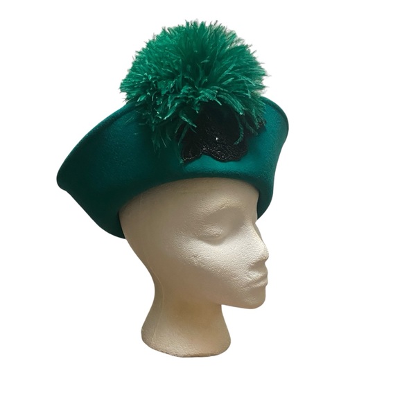 Jack McConnell VTG Green Wool Hat Ostrich Feather Church Derby Esccello Made USA main image 4